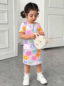 SHEIN Baby Mädchen Lässig anliegendes Kurzarm Strick Kleid mit buntem Blumen Muster