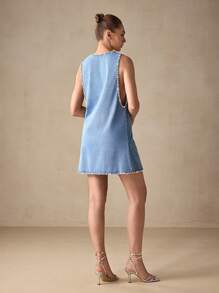 Selenza Women's Fashion Crystal Embellished Sleeveless Denim Dress, Summer - Blue - View 7