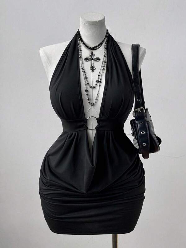 Sunspun Plus Size Fashionable Summer Backless Draped Neck Hollow Out Bodycon Dress