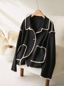 CosyJoli 大码秋冬狗牙边拼色翻领方形短款羊毛大衣