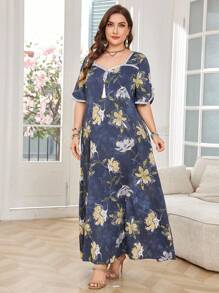 Lacomfia Vestido holgado de estilo árabe de media manga con escote de corazón y estampado floral para mujer de talla grande