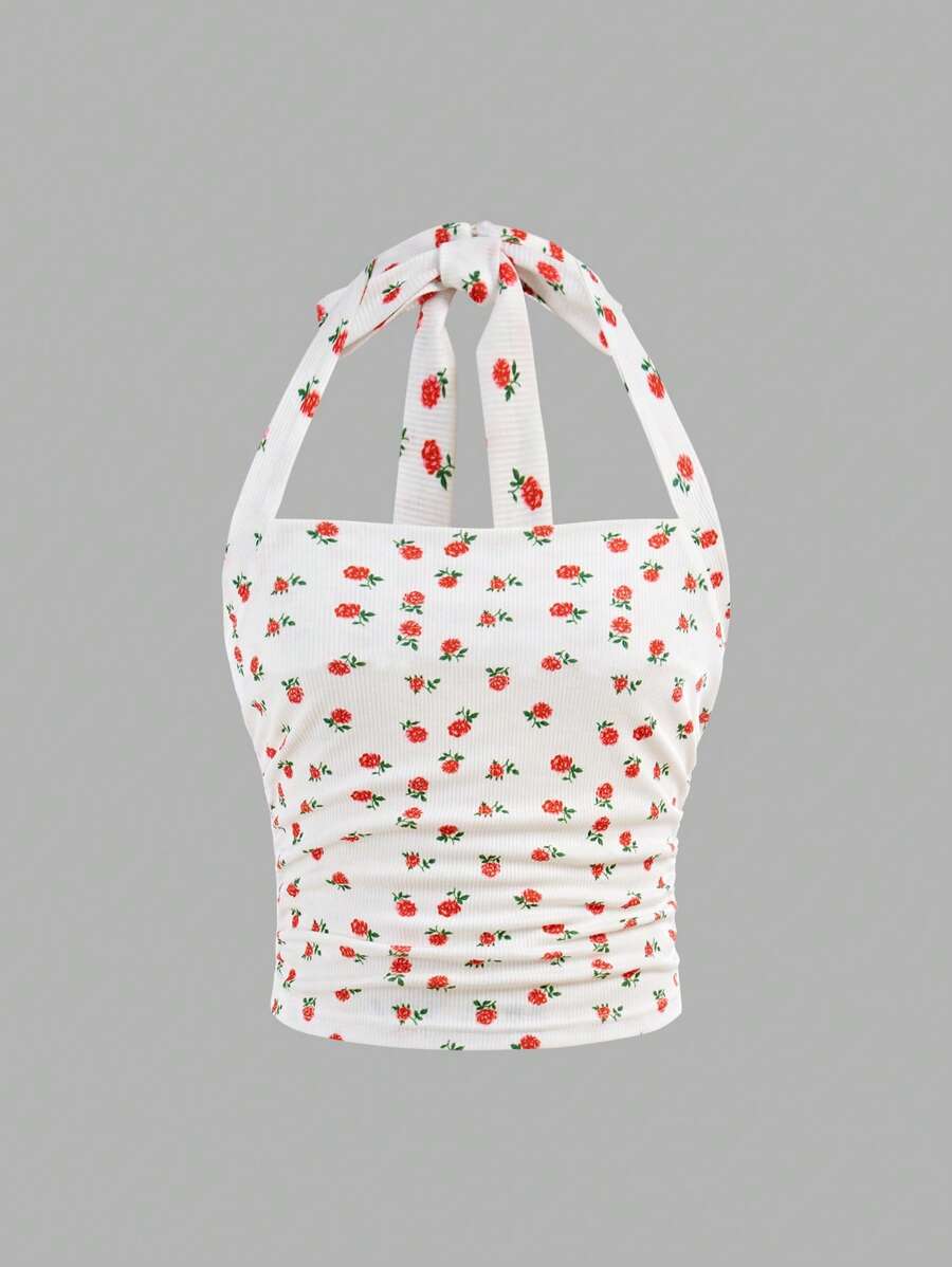 SHEIN Parte superior de punto acanalado de cuello halter con recogido lateral, decorada con moño y estampado floral pequeño, para vacaciones, para niña preadolescente - Blanco - Ver 1
