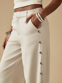 MISSGUIDED Professional Wide Leg Palazzo Pants Side Button Detail Statement Trousers Evening Formal Office Wear - Khaki - View 4
