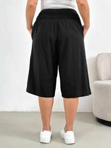 SHEIN Essnce 大码女装春夏时尚休闲宽松舒适凉爽透气日常黑色亚麻短裤阔腿裤，女式下装，简约风格，宽松裤，亚麻裤女，度假装 - 黑色 - 查看 2