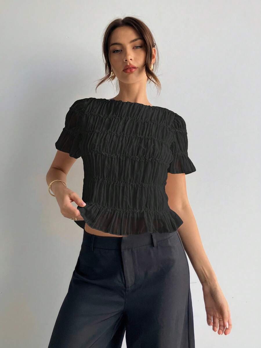 Aloruh 女士优雅雪纺蕾丝拼布杏色衬衫