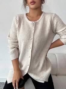 Rafferiza Autumn Round Neck Long Sleeved Pearl Button Women's Knitted Cardigan Fall Winter Cloth For Women