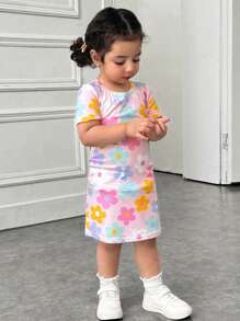 SHEIN Baby Mädchen Lässig anliegendes Kurzarm Strick Kleid mit buntem Blumen Muster