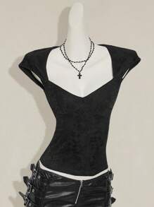 SHEIN ICON Áo thun hở lưng gợi cảm ren ghép cho nữ, áo phông đen cơ bản thường ngày - màu đen - Xem 3