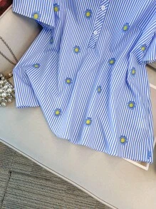 SHEIN LUNE Áo sơ mi kẻ sọc hoa giản dị mùa hè cỡ lớn cho nữ - Màu xanh lam - Xem 3