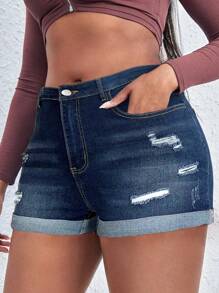 SHEIN SXY Plus Ripped Roll Up Hem Denim Shorts - Dark Wash - View 1