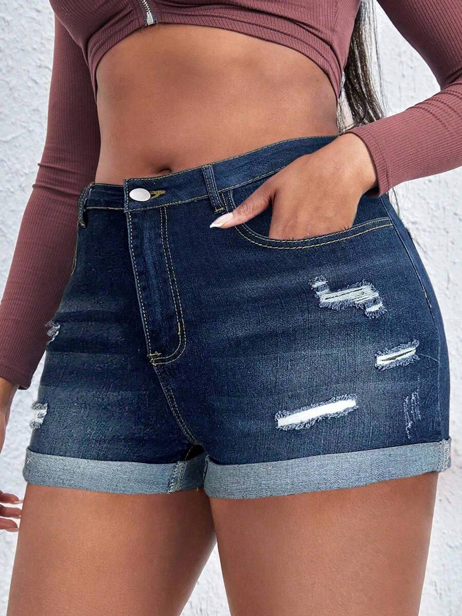 SHEIN SXY Plus Ripped Roll Up Hem Denim Shorts - Dark Wash - View 1