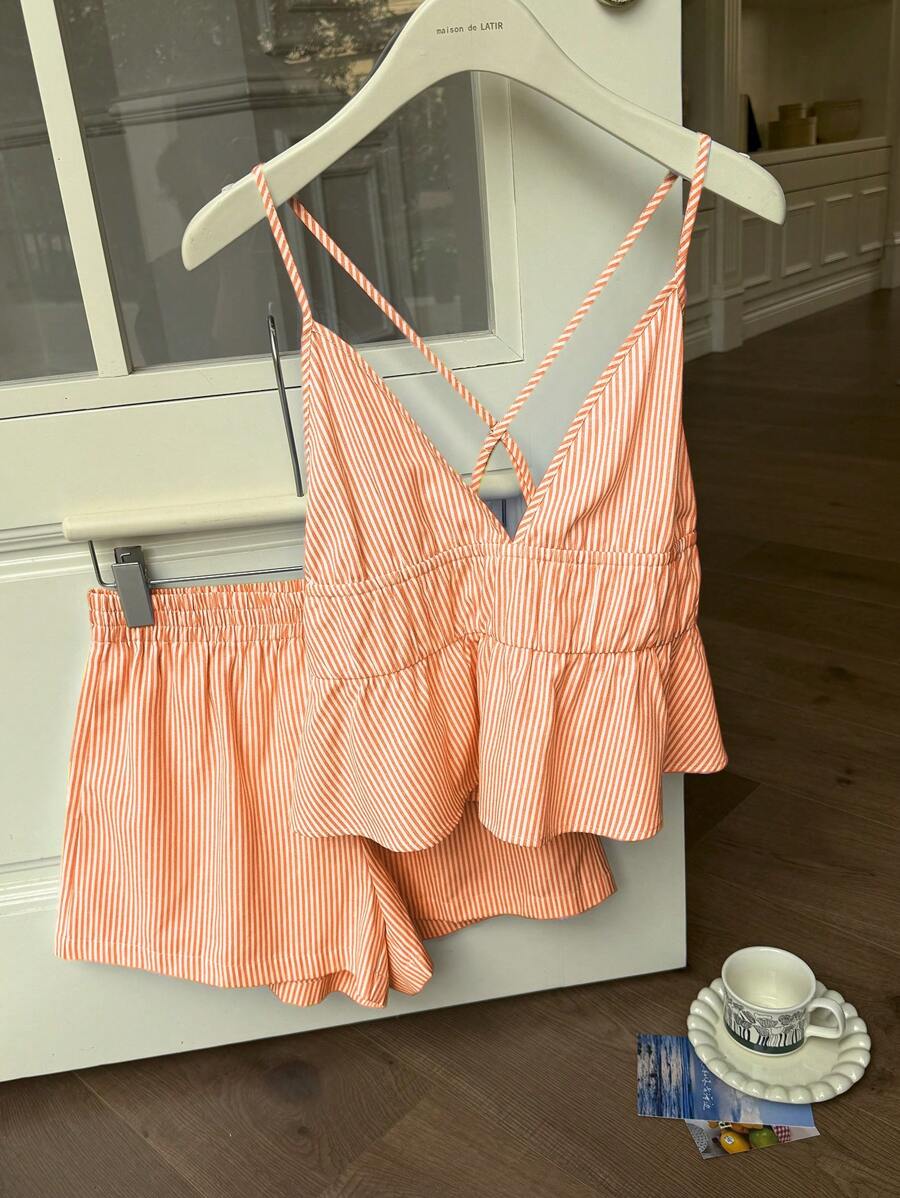 Comfortcana 女士休闲条纹吊带背心和短裤套装，夏季 - 橘色 - 查看 1
