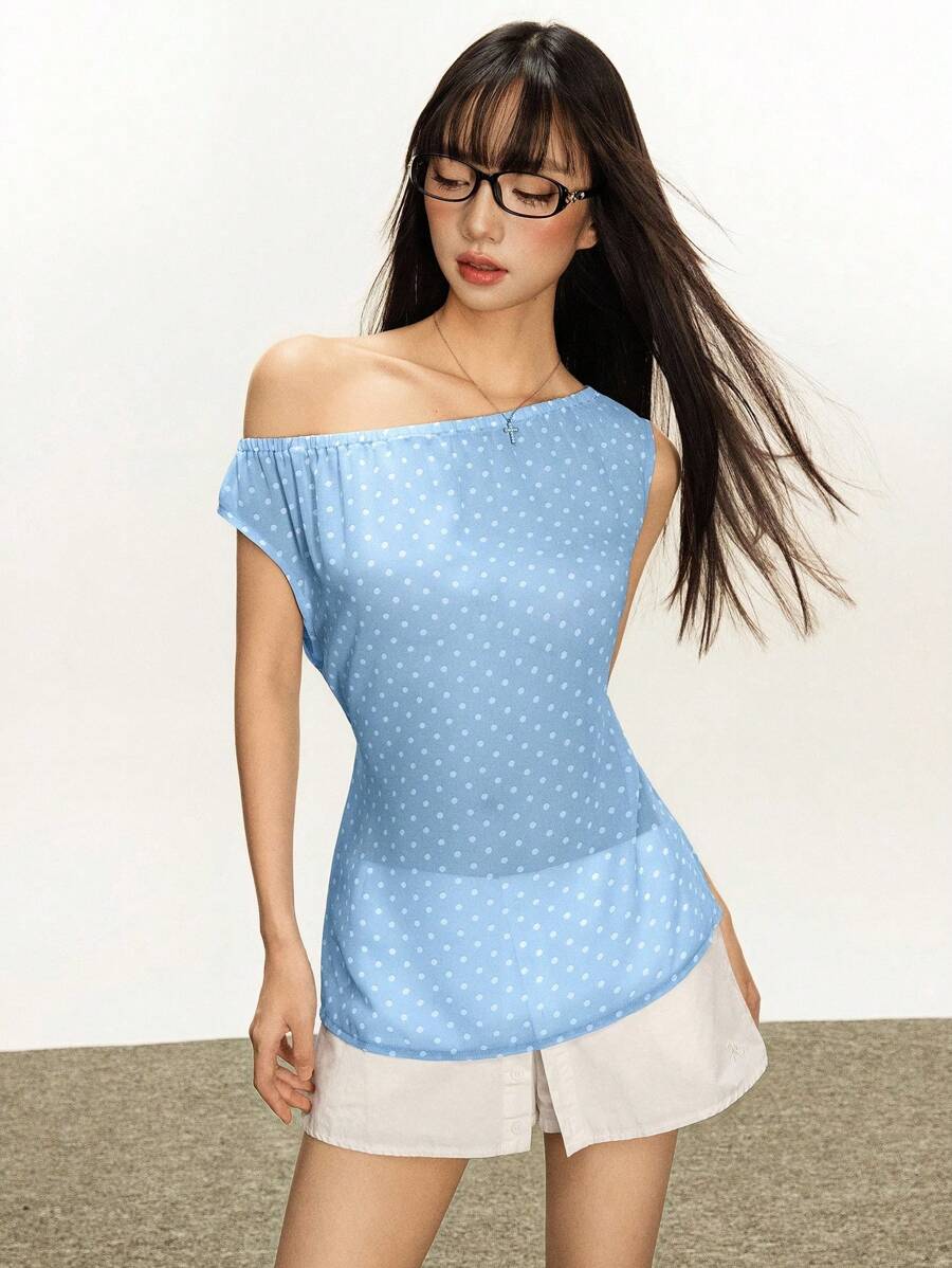 Rina Fox 女士夏季时尚圆点印花斜肩透明上衣 - 淺藍色 - 查看 1