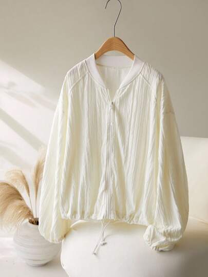 CosyJoli 大码休闲纹理面料棒球夹克，松紧袖口长袖外套