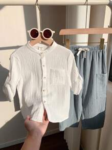 SHEIN 2pcs/Set Young Boys Casual Sports Vacation Clean Color White Polo Shirt & Elastic Waist Pocket Solid Color Pants, Suitable For Kids Outfits, Young Boy Clothes, Back To School, Boys Set For Birthday Parties, Evening Parties, Performances, Weddings, Valentine's Day, Suitable For Daily Use, School, Travel, Sports, Spring And Summer Seasons - White - View 8