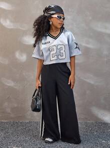 Coolane Kids Tween Girls Summer /Fall  Streetwear Sparkly Breathable Mesh Number Pattern Green V-Neck Short Jersey Tees,Back To School ,Y2K,Jersey T-Shirt - Silver - View 4