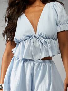 MISSGUIDED Puff Sleeve Linen Two Piece Outfit Ruffle Waist Tie Front Cropped Top Elastic Waist Shorts Summer Vacation Beach Lounge Resort Wear