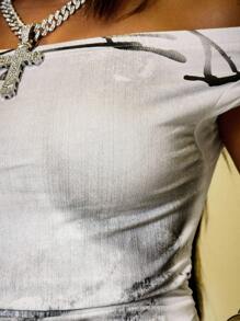 ROMWE Y2K Streetwear Sexy Off Shoulder Fitted T-Shirt With Body Print - White - View 4