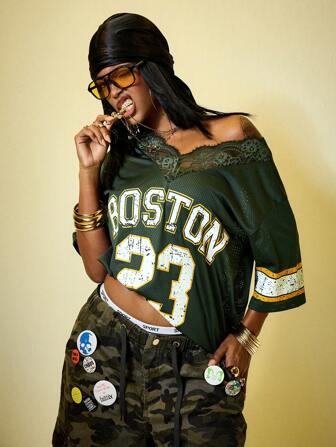 Street Life Y2K Streetwear Numeric Print Lace Trim Loose Fit Soccer Jersey T-Shirt