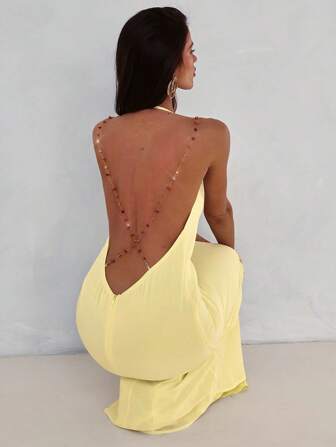 Aloruh Women's Sexy And Elegant  Chiffon Cowl Draped Neck Open Back Beaded Chain Decor Bodycon Long Maxi Dress, Yellow Butter Maxi Dress,Women Dating Dress,Women Night Out Dress, Summer Dresses For Women, Honeymoon Outfits Woman .Women Wedding Guest Dress. Island Vacation Outfits,Birthday Dresses For Women,Club Outfits Women Sexy