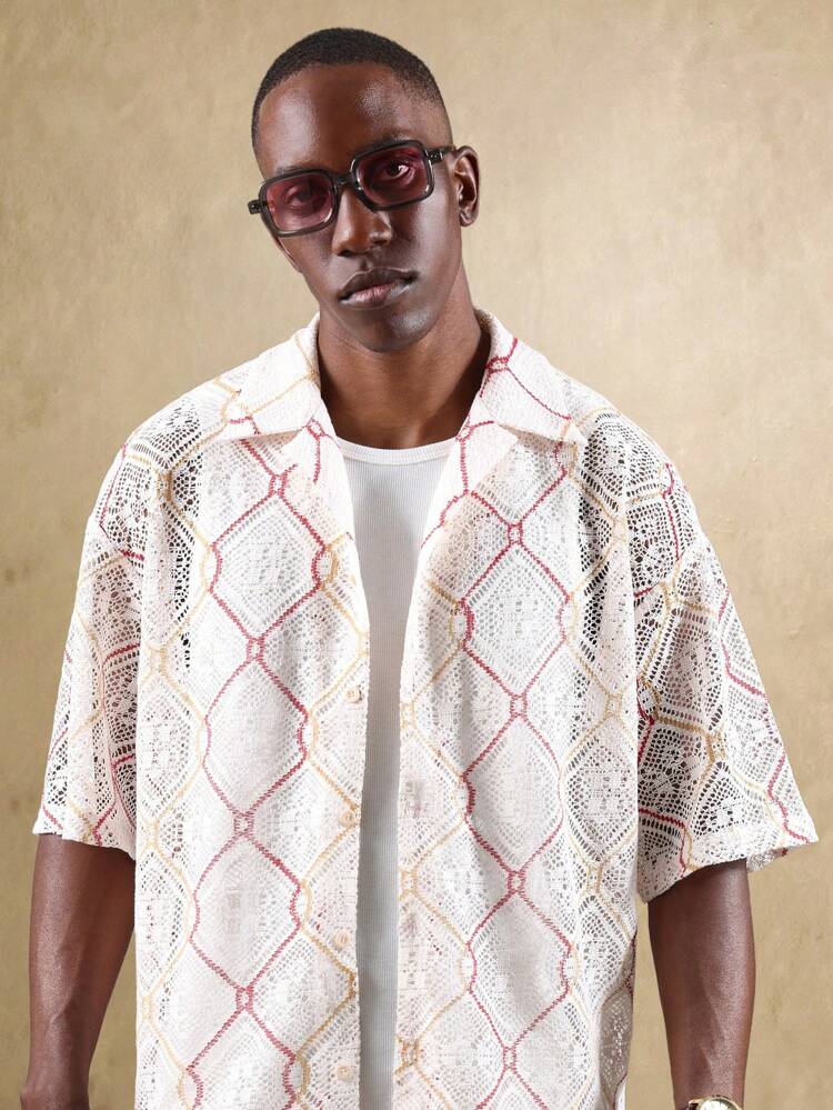 Retro Crochet Honeycomb Pattern Button Down Casual Shirt