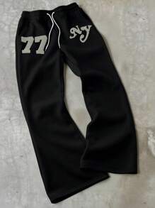 Manfinity ZONE917 Pantalones de chándal sueltos con estampado de letras, cintura con cordón y bolsillos para hombres de talla grande