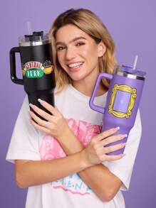 FRIENDS X SHEIN Botella de agua de acero inoxidable de 1200 ml / 40 oz, mantiene el agua fría, con pajita, apta para agua caliente y bebidas frías
