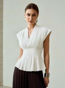 MOTF PREMIUM V-NECK FOLD PLEATED BATWING SLEEVE PEPLUM TOP