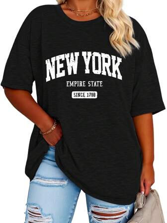 EMERY ROSE Damen Loose Fit T-Shirt mit New York Aufdruck, Rundhalsausschnitt, Kurz- oder Langarm, Große Größen