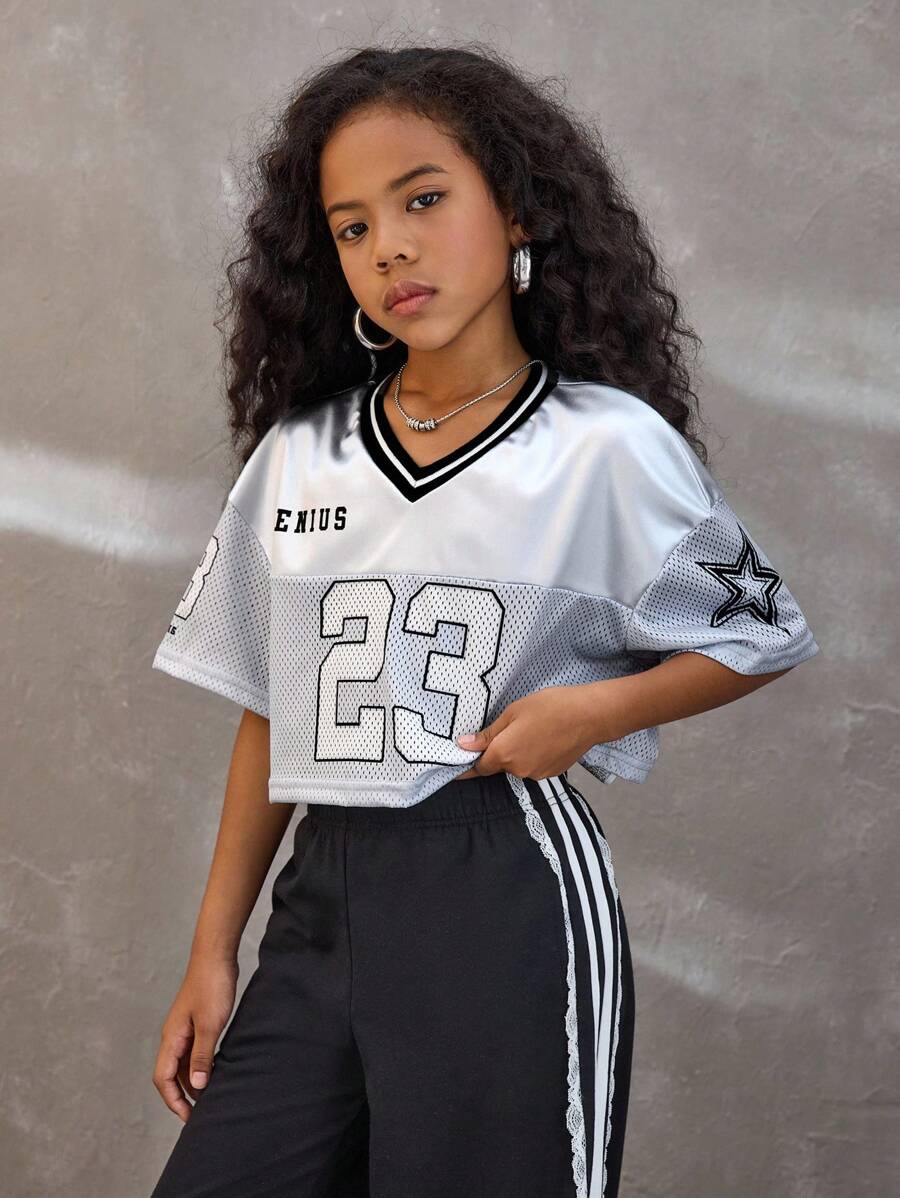 Coolane Kids Tween Girls Summer /Fall  Streetwear Sparkly Breathable Mesh Number Pattern Green V-Neck Short Jersey Tees,Back To School ,Y2K,Jersey T-Shirt - Silver - View 1