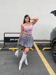 SHEIN MOOSTA Plus Size Women Floral Bud Summer Casual Short Skirt, Women Spring/Summer - Grey - View 6