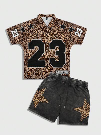 Street Life مجموعة قميص أكمام قصيرة وشورت خصر بسحاب بطبعة نمر للرجال