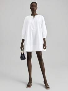 Ontre Vestido casual y elegante de mujer con cuello en V, mangas farol, ribete de volantes. Vestido minimalista y elegante color blanco corte evasé