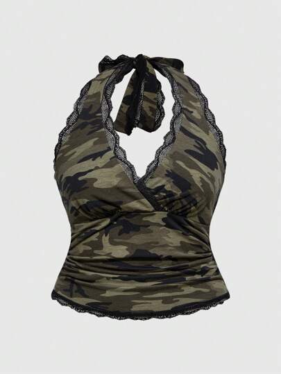 Grunge Punk Top da donna con stampa mimetismo Y2K con scollo alla halter e pizzo, taglie forti