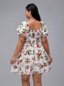 SHEIN Birthday Dresses, Party, Romantic Dress, Graduation Dress, Wedding Women Dress, Summer Women Outfit, Elegant, Bow, Vacation, French Romantic Sweet Hollow Embroidered Texture Tie-Up Cake Skirt Bodycon Mini Dress With Puff Sleeves For Women - White - View 3