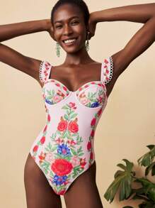 Travachic 1pc Women's Floral Print One-Piece Swimsuit With Cap Sleeves, Fashion Holiday Beachwear