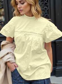 女士纯色翻领荷叶边休闲短袖衬衫，适合夏季 - 黃色 - 查看 5