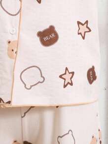 SHEIN Bộ đồ ngủ 2 món cho bé gái tuổi teen gồm áo tay ngắn cổ chữ V họa tiết gấu và quần ống rộng - Màu Khaki - Xem 5