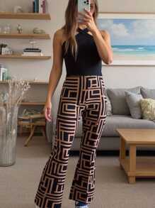 SHEIN Teen Girls Halter Top & Geo Print Flare Leg Pants