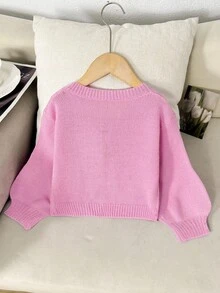SHEIN LMoss Kids Knitted Sweater For Young Girl, Featuring Bow Decor, Cute & Casual, Soft & Comfortable, Versatile, Suitable For Home, Party, Vacation,In Fall/Winter - Pink - View 6