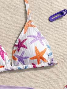 Tween Girls' Starfish Print Halter Swimsuit Set With Coverup And Mini Skirt 3 Piece Swimsuit Set Girls Beach Sets Tween Starfish Bikini Swimwear Girls Set - Multicolor - View 4