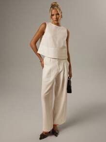 SHEIN Forever 21 Áo thun nữ cổ tròn không tay rộng rãi màu trơn, mùa hè - Màu be - Xem 4