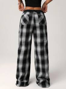 SHEIN ICON Pantalones casuales de estilo básico para mujer con patchwork de cuadros en blanco y negro de cintura baja y pierna acampanada