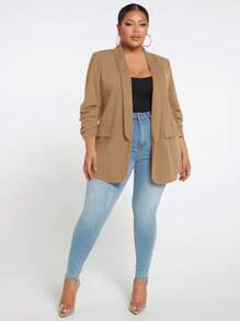 SHEIN SXY Plus Size Women Casual/Work Commute Simple Solid Color V-Neck Flap Decor Blazer Jacket Plus Size Blazers For Women Plus Size Jackets Fall Clothes Plus Size Plus Size Blazer Plus Size Fall Blazer Earthy Plus Size Winter Autumn - Khaki - View 4