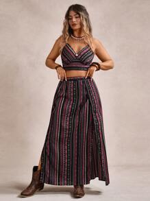 Freevana Plus Size Vacation Camisole & Elastic Waist High Slit Skirt 2pcs Set,Holiday Outfits Boho