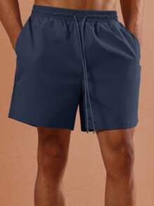 SUMWON Men Summer Bermuda Swimshort Pull On Beach Pool Drawstring Regular Fit Elastic Waist Lounge Shorts Plain - Navy Blue - View 7