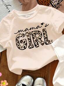 SHEIN 3 件套可爱“Mama's Girl”字母豹纹爱心印花奶油色配色年轻女孩休闲简约圆领短袖基本款 T 恤适合春夏季日常穿着居家外出农场返校 - 彩色 - 查看 4