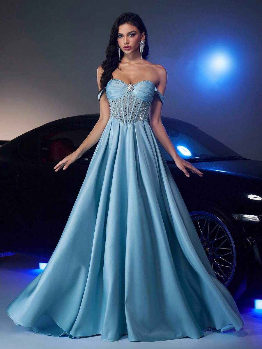Glamrae Váy Maxi đuôi cá chữ A đính cườm lưới xuyên thấu sang trọng màu xanh da trời thanh lịch có cổ áo jacquard có đính hạt và cạp chun có thể điều chỉnh, phù hợp cho các buổi hẹn hò, sinh nhật, sự kiện trang trọng, đám cưới, tốt nghiệp, dạ hội, tiệc tối