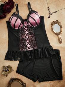 2pcs Plus Size Lingerie Set With Underwire, Criss-Cross Straps, Lace Patchwork, Slimming Cut, Lace Trim, Ruffle Hem, Vintage, Palace Style - Multicolor - View 6