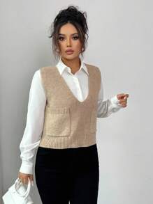 Rafferiza Pull sans manches à col V de couleur unie avec poche pour femmes - Kaki - Voir 6